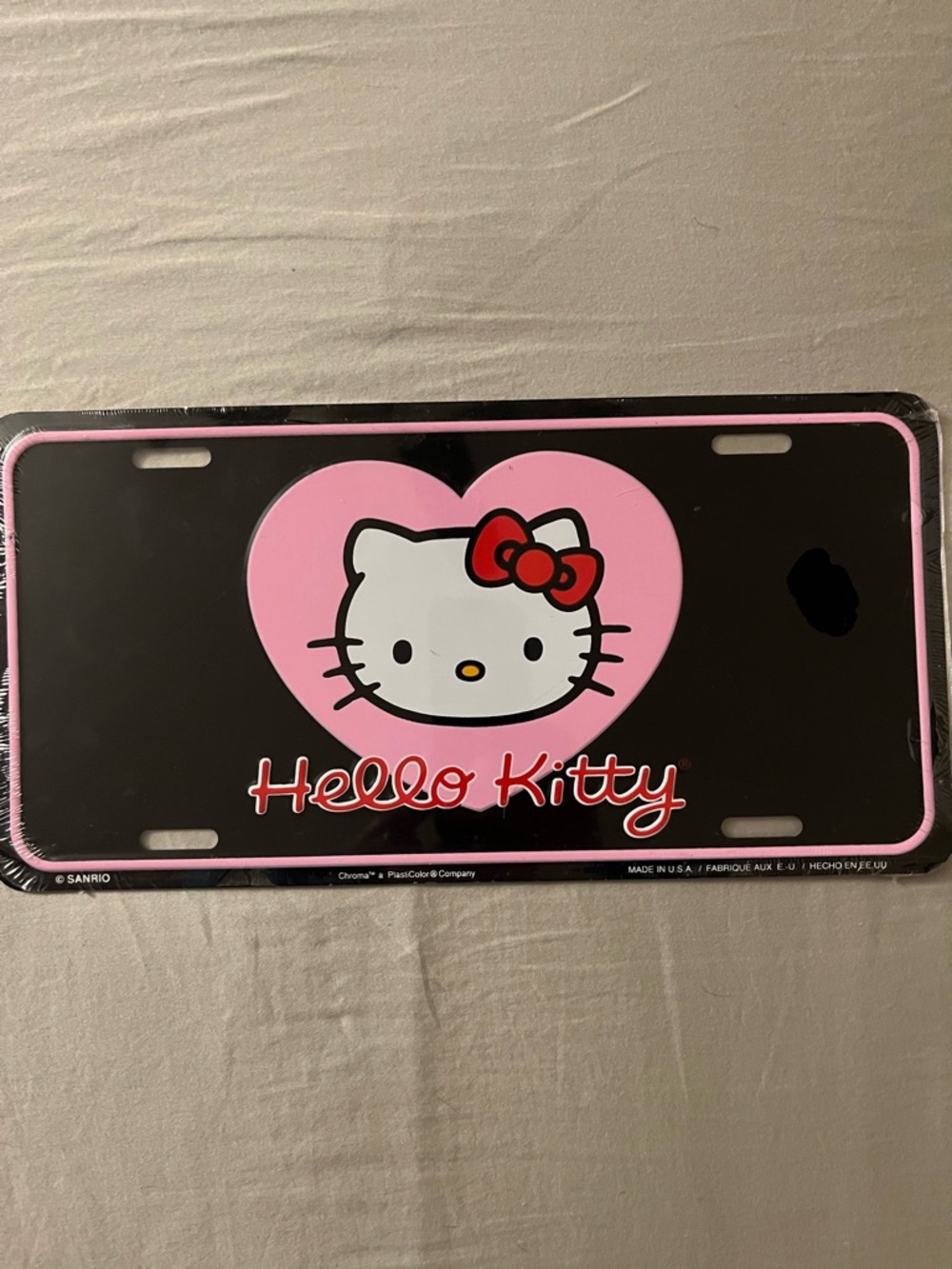 Sanrio Hello Kitty Black License Plate with Pink Heart and Red Bow